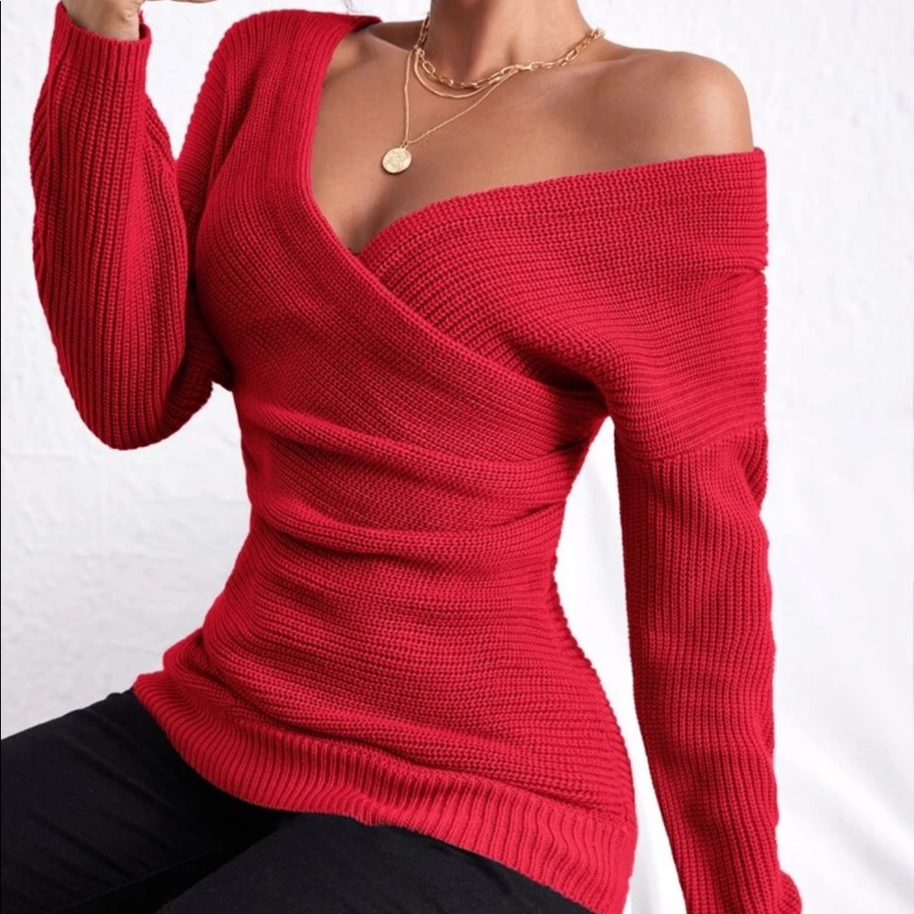 OFF SHOULDER RED KNIT SWEATER SHEIN